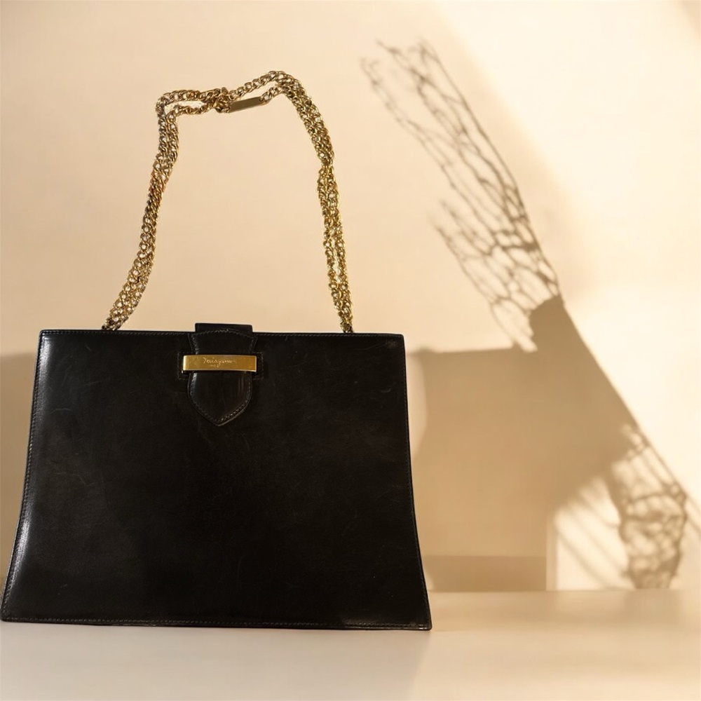 Vintage Salvatore Ferragamo Elegant Black Leather Handbag with Gold Chain